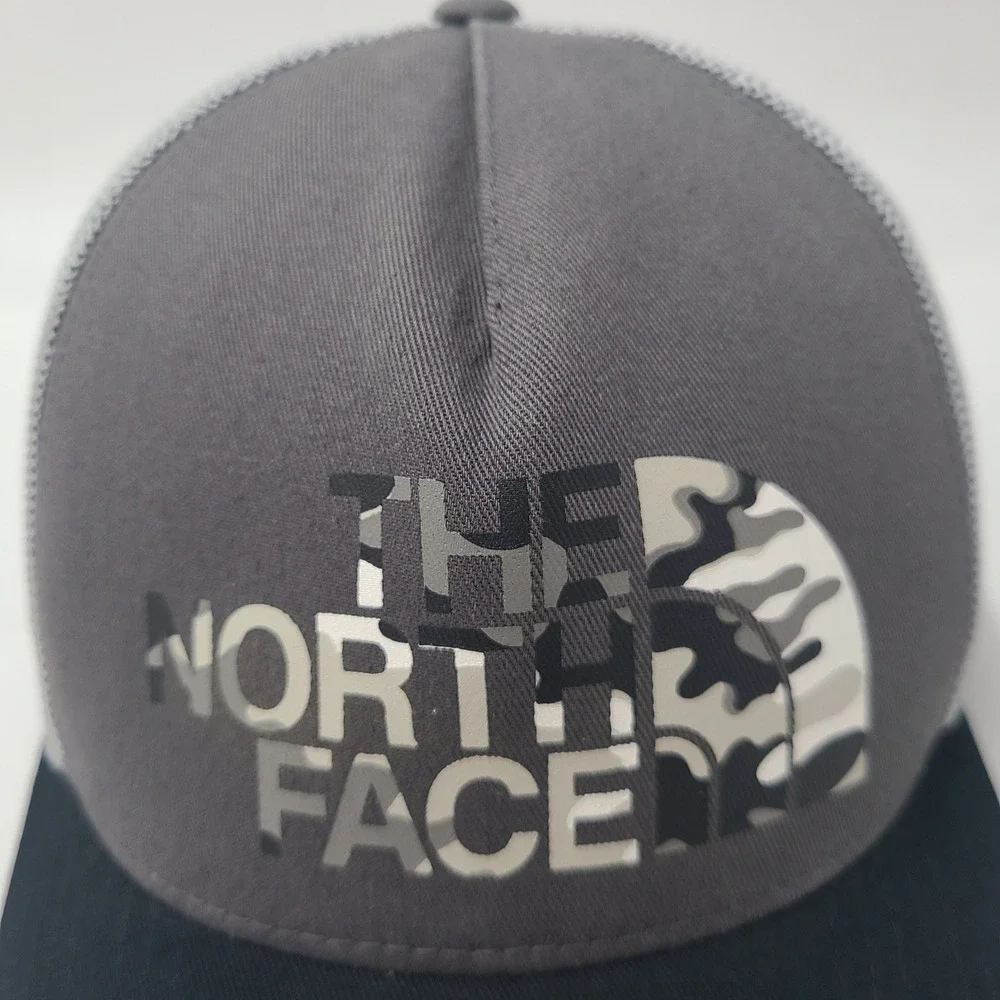 The North Face Hat Snapback Trucker Mesh Gray Black Camo Logo Outdoors Hike Men
